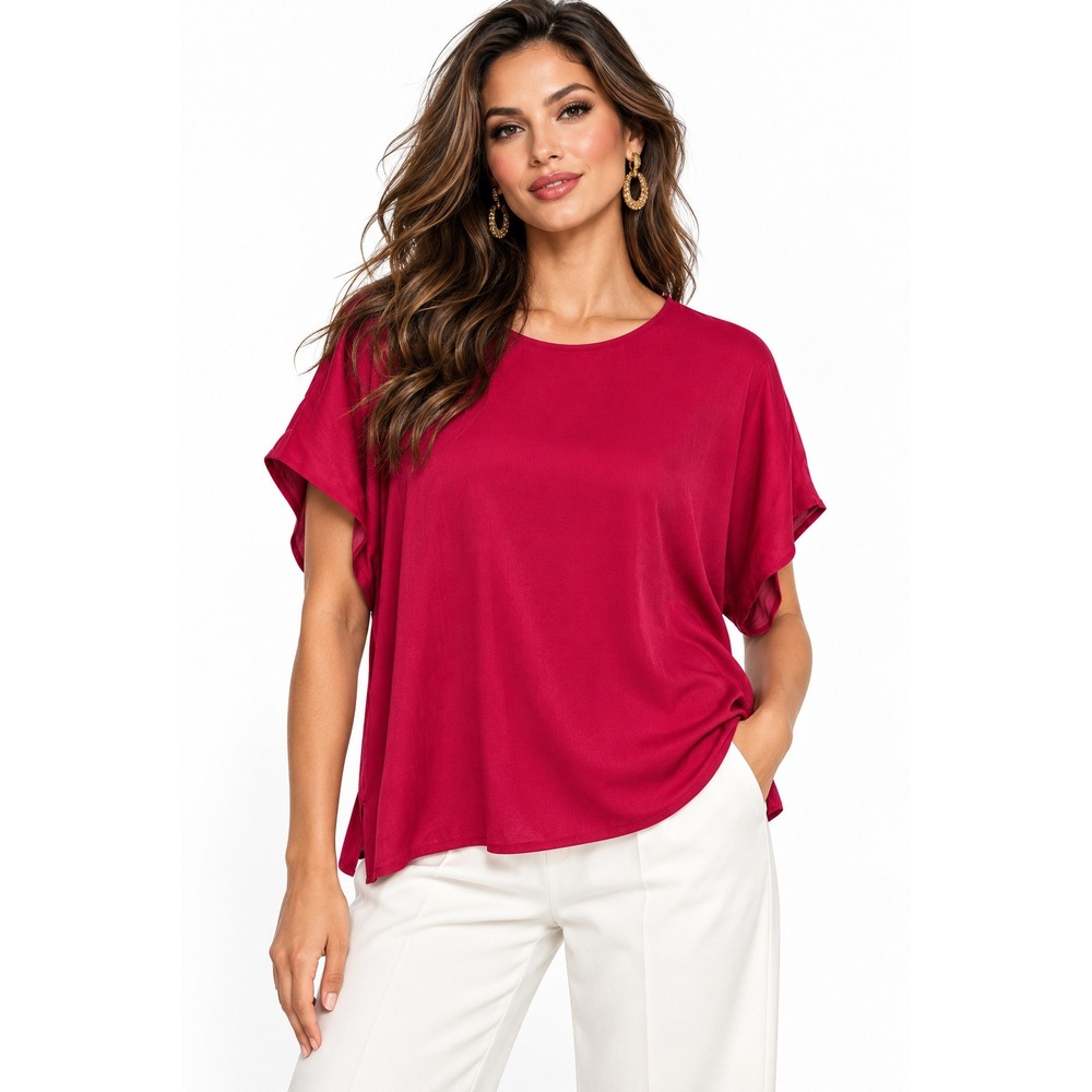 Montgomery Post Belinda Drapey Satin Blouse Dark Pink Magenta Short Sleeve Top L